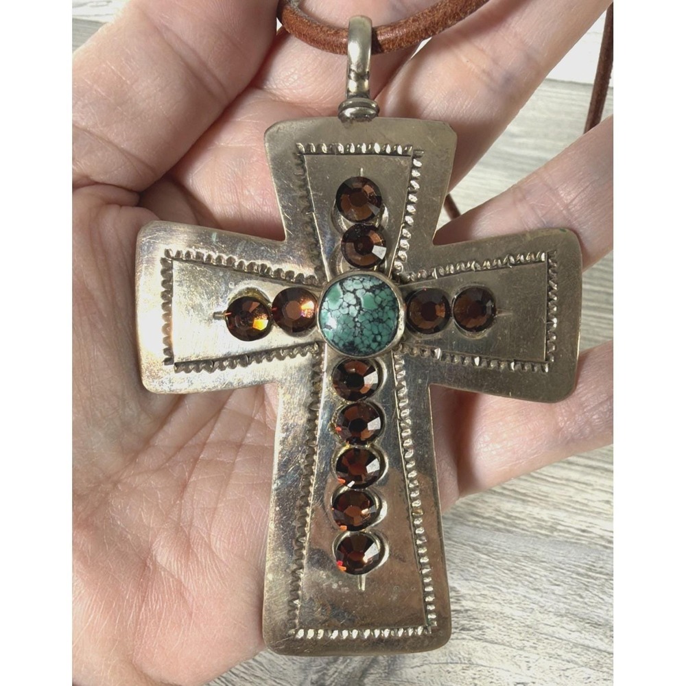 Nickel Silver & Turquoise Large Cross Gem Pendant Choker Statement Alpaca Mexico
